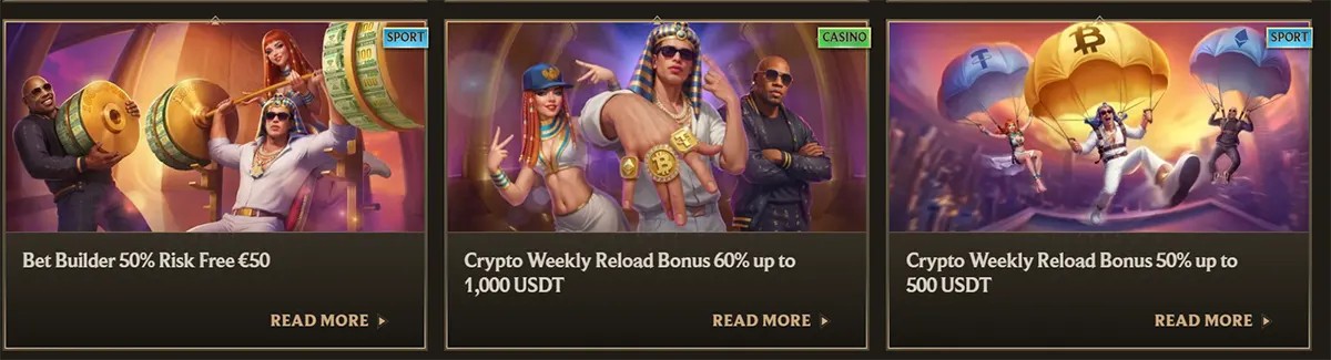 Casino and sports promo cards featuring a risk-free Bet Builder offer and two crypto weekly reload bonuses in USDT, with illustrated characters, category labels, and “Read More” links on a dark gold interface.