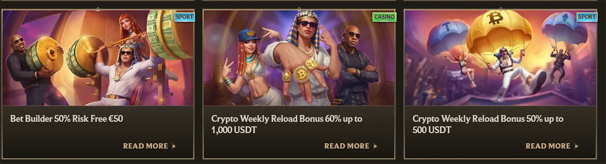 Casino and sports promo cards featuring a risk-free Bet Builder offer and two crypto weekly reload bonuses in USDT, with illustrated characters, category labels, and “Read More” links on a dark gold interface.