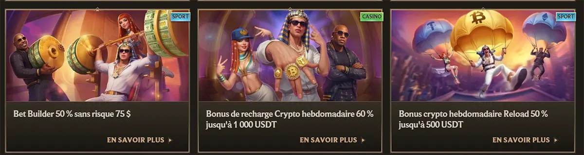 French casino and sports promo cards featuring a 50% risk-free Bet Builder offer and two weekly crypto reload bonuses in USDT, with illustrated characters, category labels, and “En savoir plus” links on a dark gold interface.
