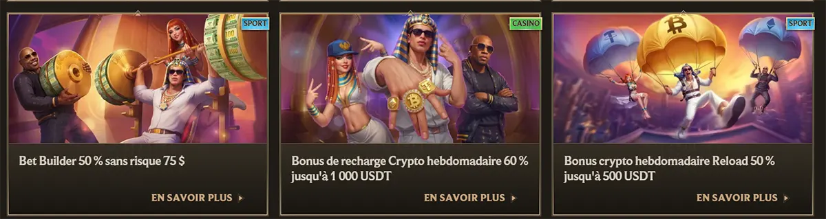 French casino and sports promo cards featuring a 50% risk-free Bet Builder offer and two weekly crypto reload bonuses in USDT, with illustrated characters, category labels, and “En savoir plus” links on a dark gold interface.