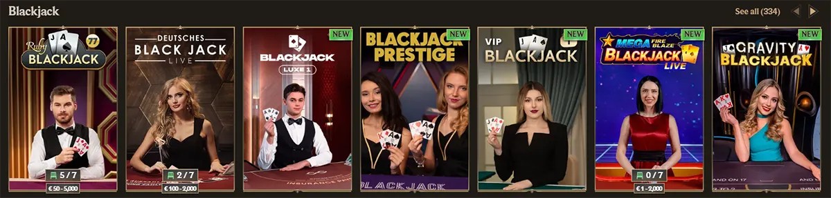 Blackjack games section featuring Ruby Blackjack, Deutsches Blackjack Live, Blackjack Luxe, Blackjack Prestige, VIP Blackjack, Mega Fire Blaze Blackjack Live, and Gravity Blackjack, with dealer images, betting limits, new labels, and a “See all” link on a dark casino interface.