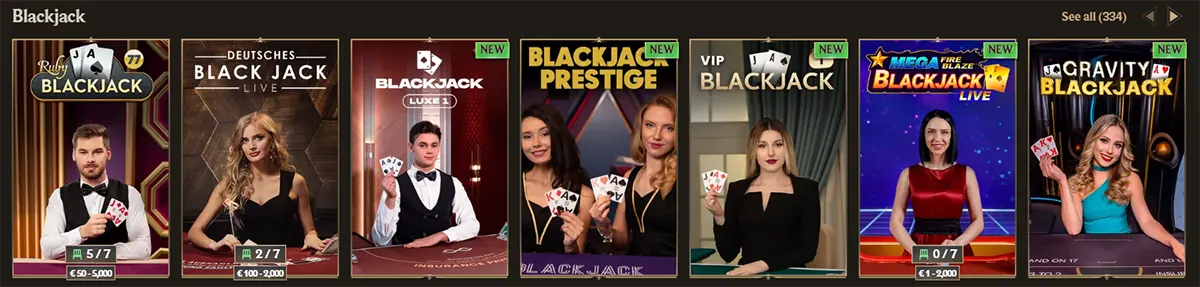 Blackjack games section featuring Ruby Blackjack, Deutsches Blackjack Live, Blackjack Luxe, Blackjack Prestige, VIP Blackjack, Mega Fire Blaze Blackjack Live, and Gravity Blackjack, with dealer images, betting limits, new labels, and a “See all” link on a dark casino interface.
