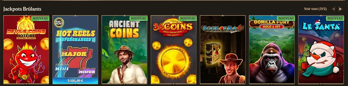French hot jackpots section featuring Devil’s Coins Hotfire, Hot Reels Supercharged, Ancient Coins, 36 Coins, Book of Ra 6, Gorilla Fury Hold & Hit, and Le Santa, with “Nouveau” labels and a “Voir tout” link on a dark casino interface.