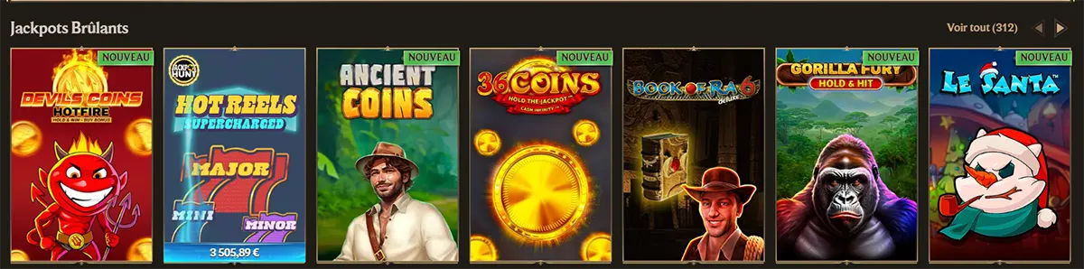French hot jackpots section featuring Devil’s Coins Hotfire, Hot Reels Supercharged, Ancient Coins, 36 Coins, Book of Ra 6, Gorilla Fury Hold & Hit, and Le Santa, with “Nouveau” labels and a “Voir tout” link on a dark casino interface.