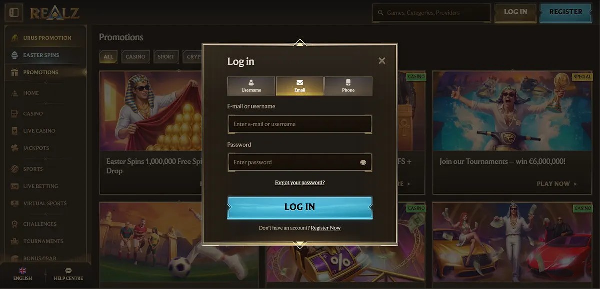 Casino login popup with username, email, and phone sign-in tabs, email or username and password fields, forgot password link, bright blue log in button, and register prompt on a dark gold promotions page.