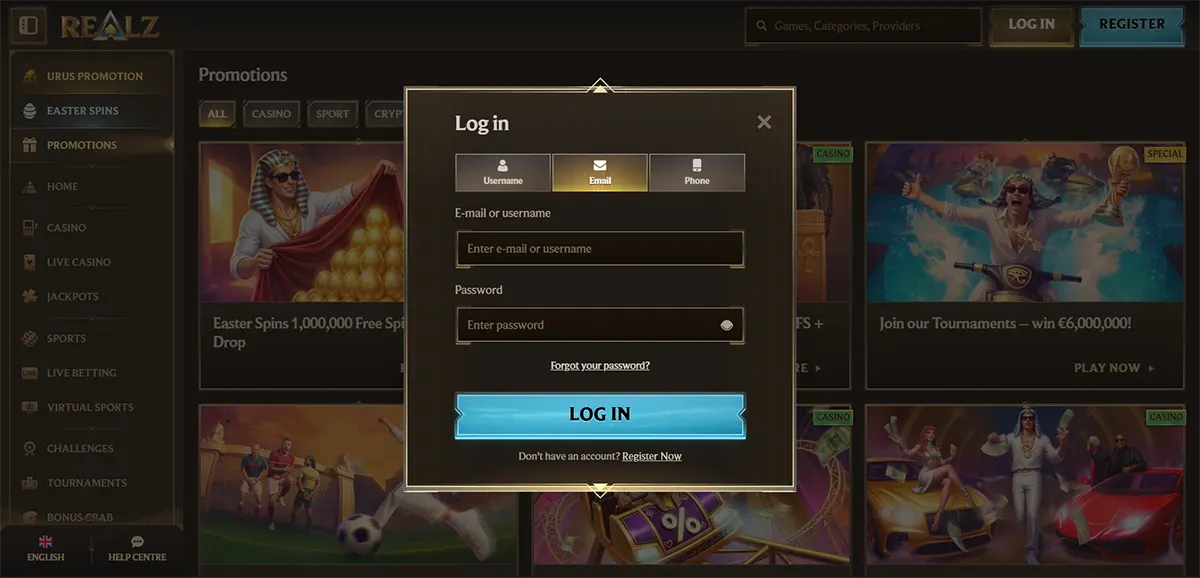 Casino login popup with username, email, and phone sign-in tabs, email or username and password fields, forgot password link, bright blue log in button, and register prompt on a dark gold promotions page.