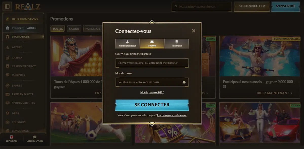 French casino login popup with username, email, and phone sign-in tabs, email or username and password fields, forgot password link, bright blue “Se connecter” button, and registration prompt on a dark gold promotions page.