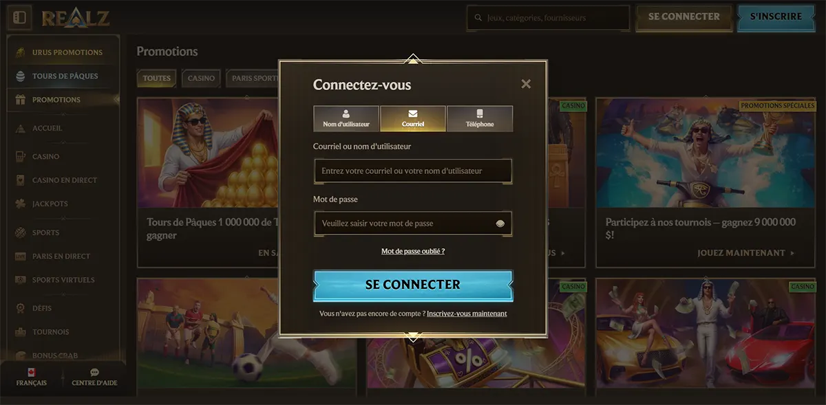 French casino login popup with username, email, and phone sign-in tabs, email or username and password fields, forgot password link, bright blue “Se connecter” button, and registration prompt on a dark gold promotions page.